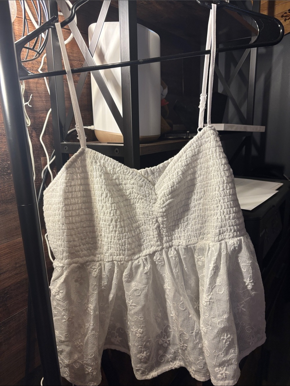 American Eagle 🦅 White Smocked Eyelet Peplum Cami Top